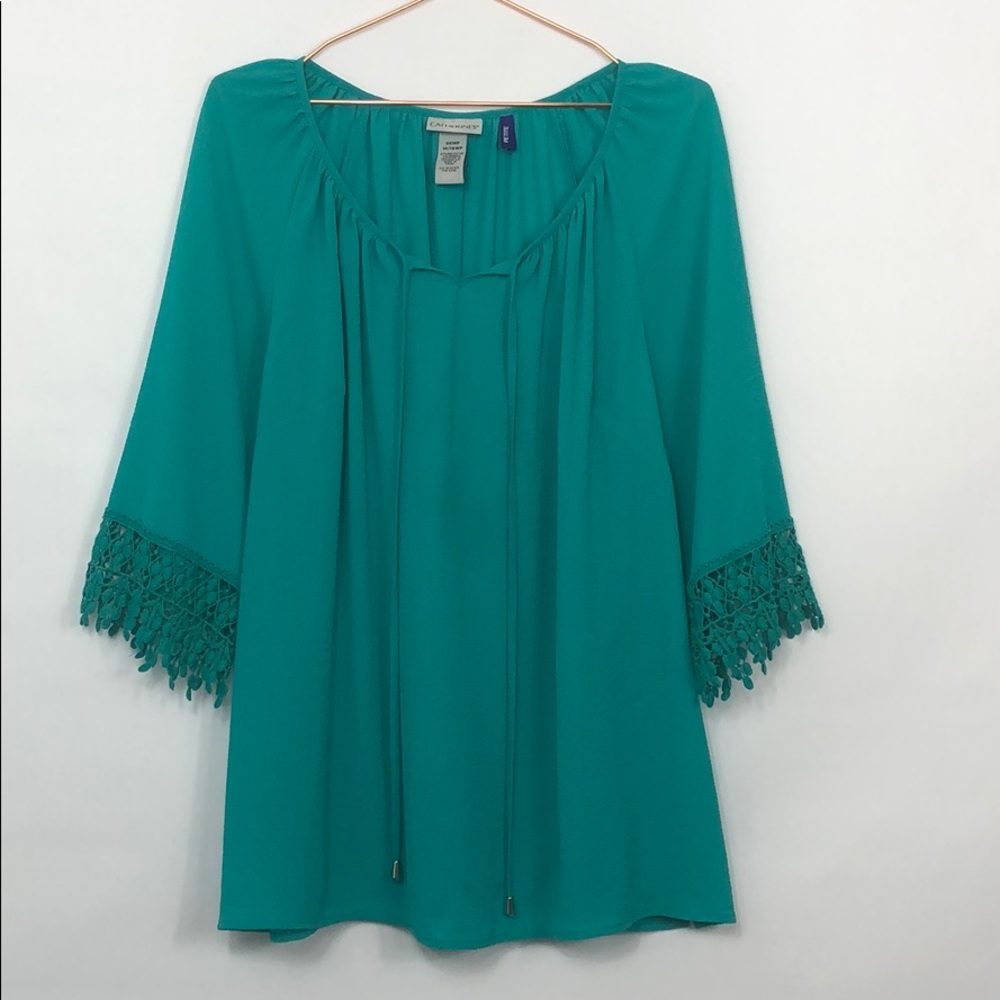 Catherine’s Teal/Green Flowy Blouse Crochet Accent (255)